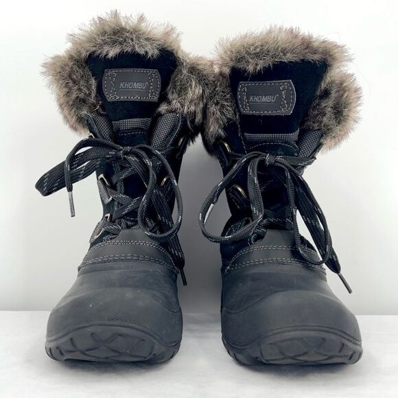 Khombu Slope Black Suede Rubber Brown Fur Lace Up All Terrain All Weather Boot 8 - Picture 2 of 10